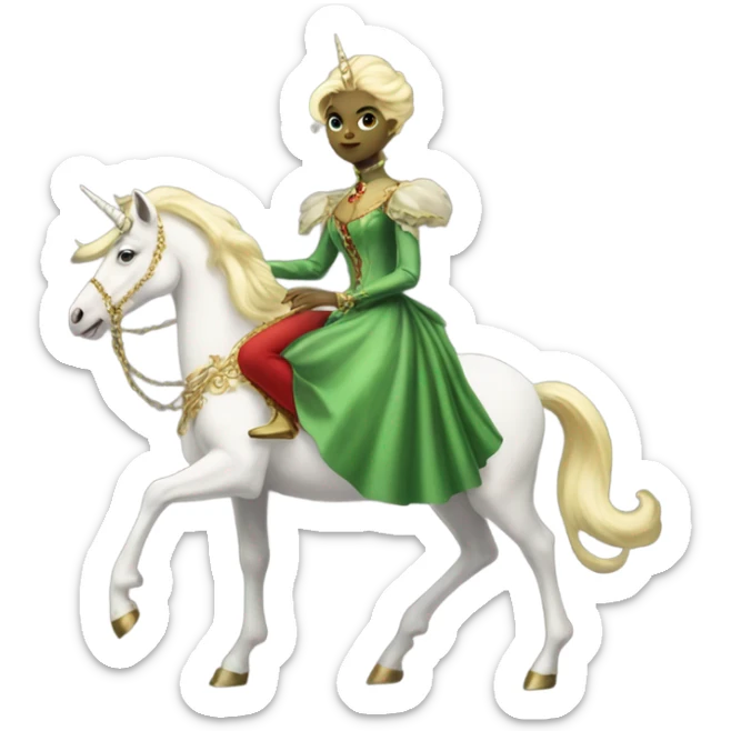 "galora green blonde alien woman" in red Victorian elegant dress, full body, rides unicorn gold and white
(NO WOKE)
 sticker