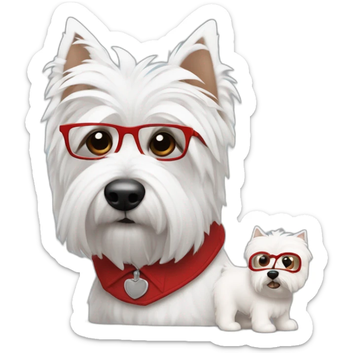 Hombre con gafas con montura roja y pelo de punta con un perro westie sticker