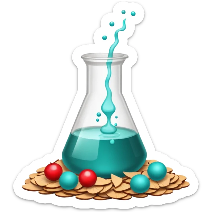 A science beaker filled with teal chemical, cherry slices, paper balls, and wood chips sticker