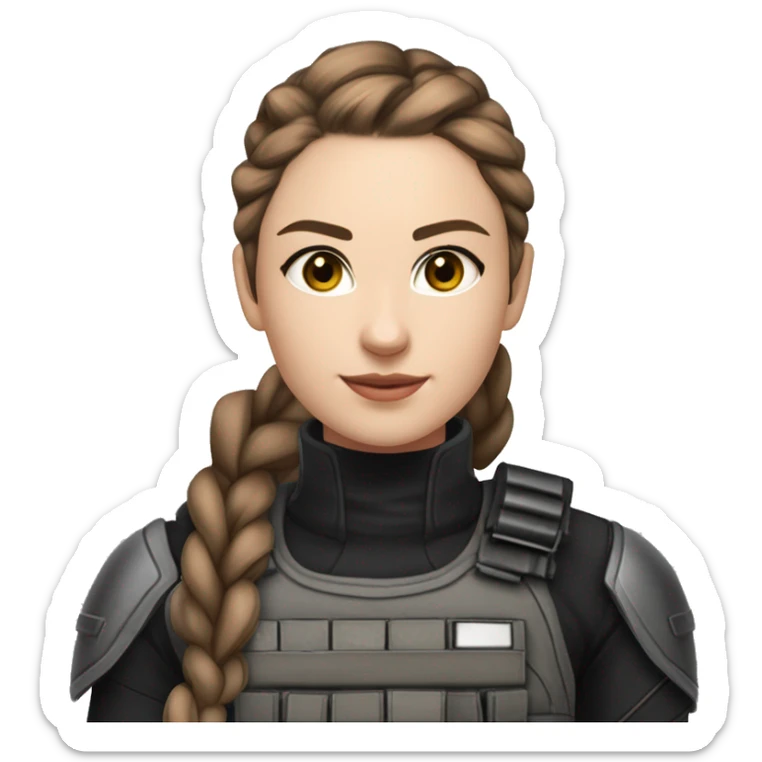 A young woman with a petite and slender build, pale, hazel eyes, and long brown hair with a silver streak, pulled back into a braid. She’s wearing black tactical battle gear. The end of her hair is white sticker