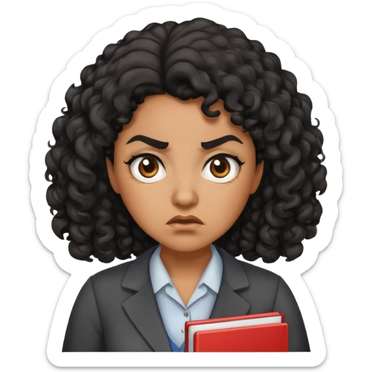 An angry female teacher with brown skin, black curly hair, and slightly chubby sticker