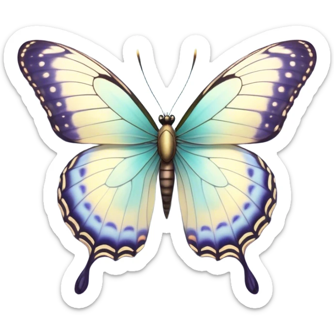 Beautiful and Majestic Butterfly Portrait Emoji, Head and body rendered in serene repose with a gentle, content smile, showcasing a delicately patterned form with softly shimmering wings and eyes peacefully closed in tranquil repose, Simplified yet exquisitely endearing features, highly detailed, glowing with a soft, drowsy pastel light, high shine, relaxed and utterly noble, stylized with an air of timeless natural beauty, soft glowing outline, capturing the essence of a majestic butterfly that embodies the pure enchantment of nature! sticker