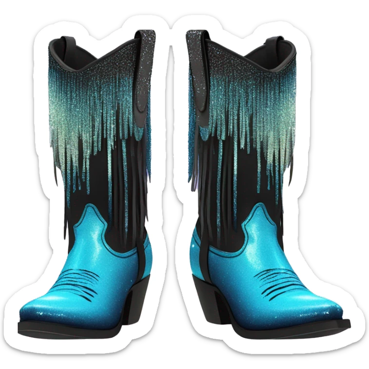 Realistic neon blue to black ombre pair of fashion cowgirl boots with sparkly shiny glitter fringe on them. sticker