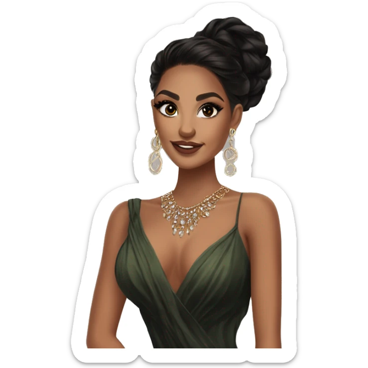 Glamorous, cocktail dress, black balayage hair, long wavy hair, olive skin, brown almond eyes, winged eyeliner with big lashes, wearing hooped earrings, rings and bracelets  sticker