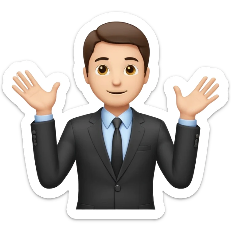 Sticker of a man in a business suit, front view, both arms extended straight in front of his body at chest level, elbows slightly bent, palms facing inward as if holding an invisible box, friendly expression, clean cartoon style, bold outlines, minimal background, emoji sticker style sticker