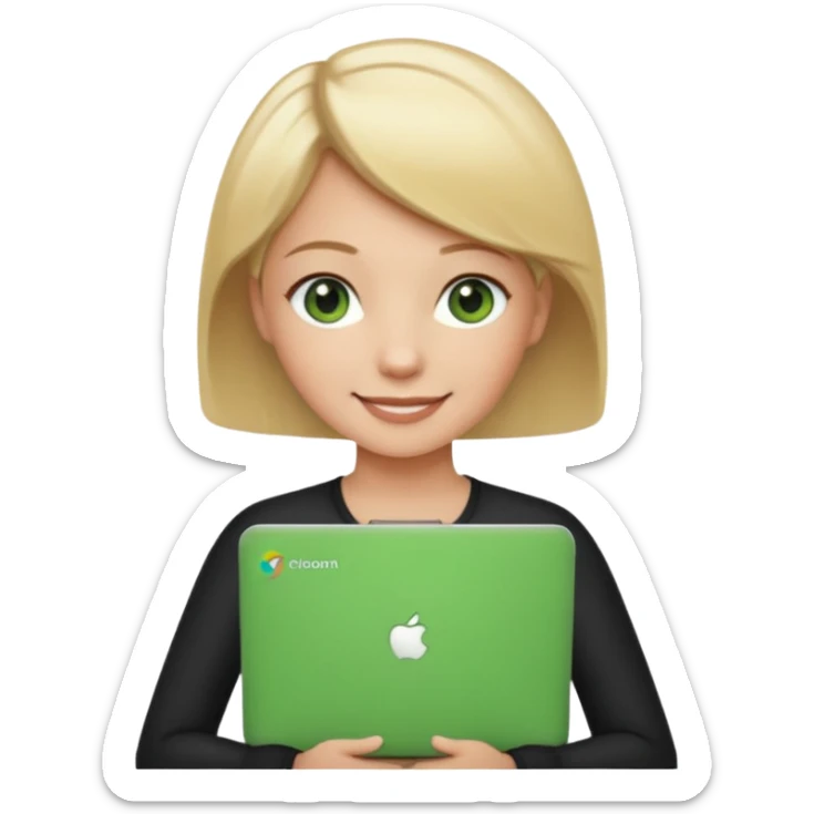 short blonde hair teacher green eyes woman happy holding chromebook sticker
