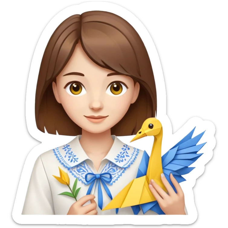 Happy Ukrainian young girl with brown hair in a white embroidered shirt holds an origami yellow and blue crane sticker