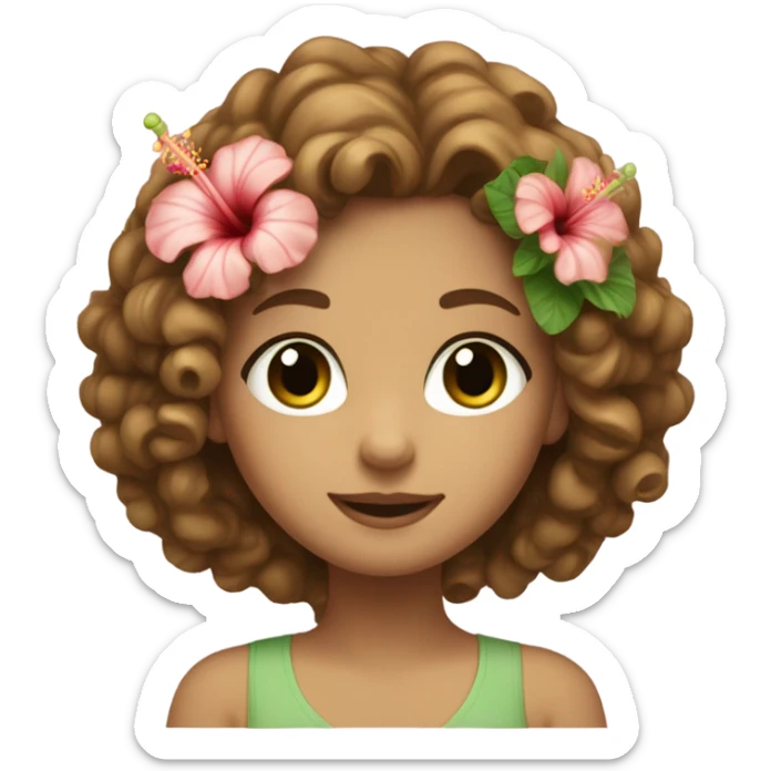 Beautiful White girl with curly light brown hair and green eyed and little nose and hibiscus in her hair sticker