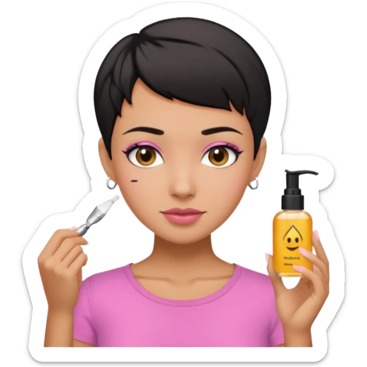 tan girl pink shirt with black hair & a pixie, cut no earrings, doing skin care sticker