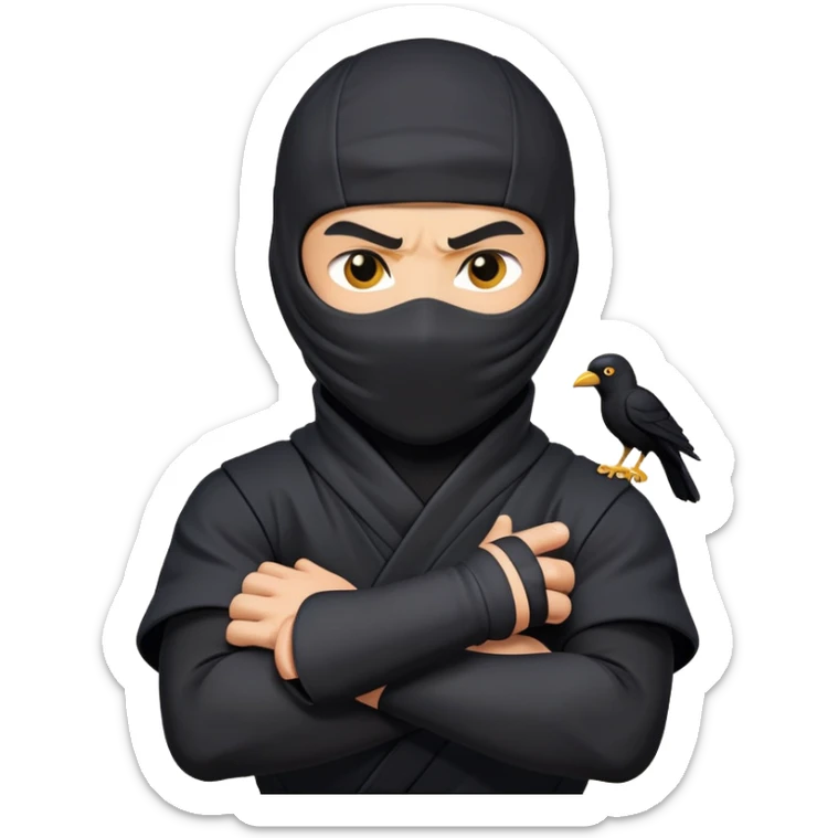 clash-of-clans-aesthetic_-cinematic-mysterious-male-ninja-portrait-emoji, rendered in a flat, vector-style with minimal shading and bold, simplified shapes, his arm is stretched out  with a head slightly turned revealing intense, focused eyes. the ninja has his arm out and perched on top of his forearm is  a black crow sticker