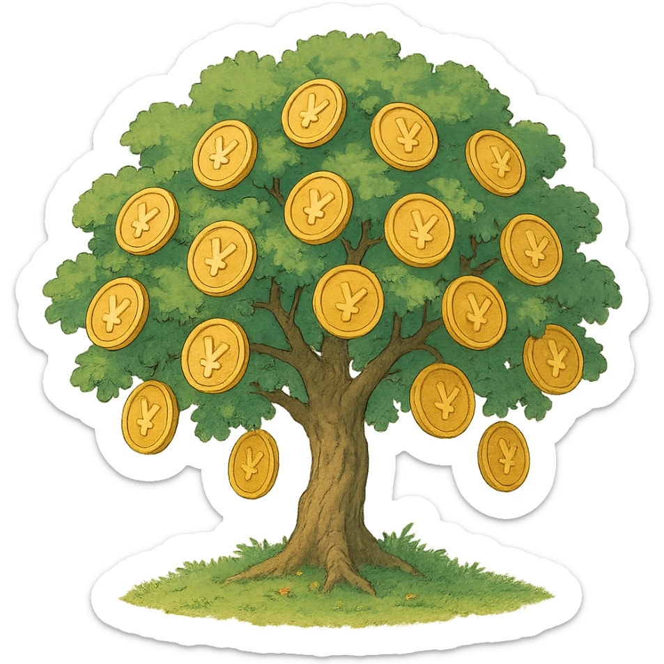 ghibli style illustration of investment, a tree with golden coins sticker