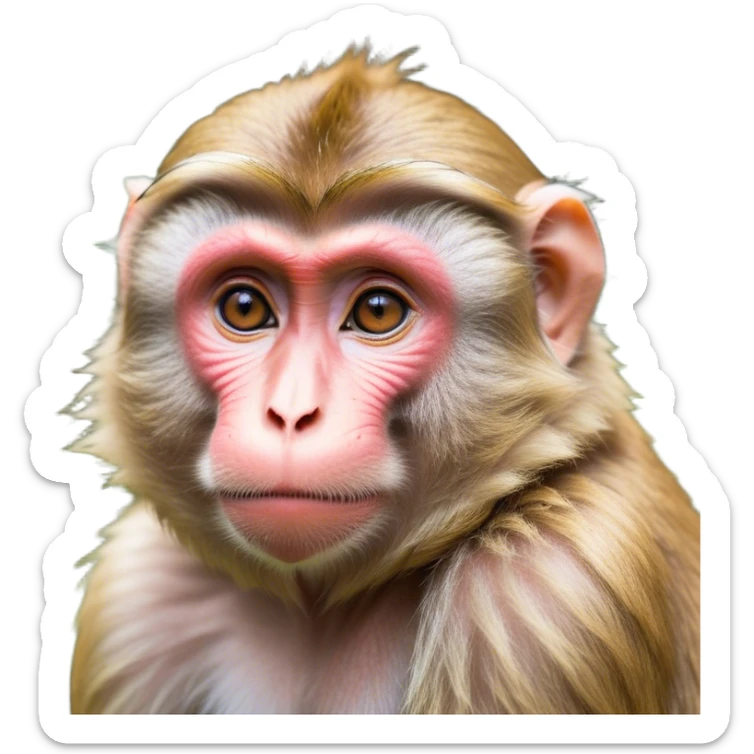 Cinematic Noble Macaque Portrait Emoji, Poised and regal, with a smart, agile build and expressive, deep-set eyes, adorned with soft, detailed fur and a dignified expression, Simplified yet sharp and sophisticated features, highly detailed, glowing with a soft, natural radiance, high shine, intelligent and commanding, stylized with an air of primate nobility, focused and alert, soft glowing outline, capturing the essence of a watchful and confident guardian that appears ready to leap out of the screen with effortless authority! sticker