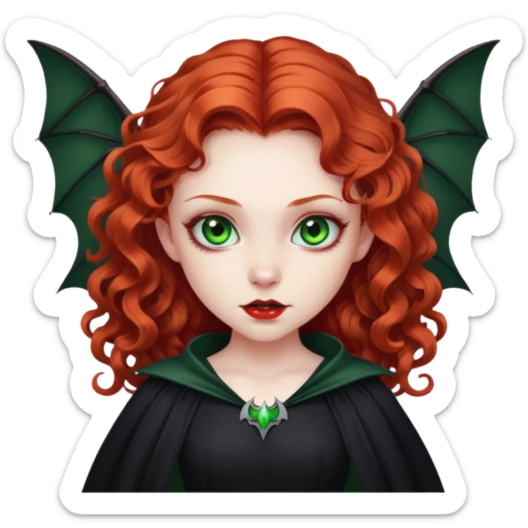 vampire girl with long curly red hair and green eyes, in a black with bat wings sticker
