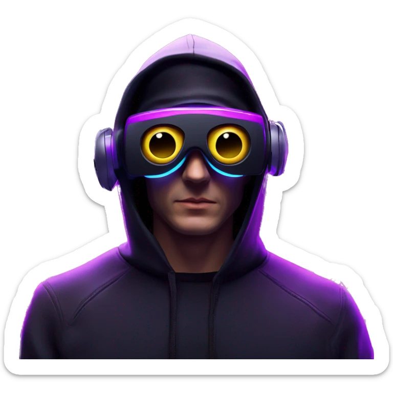 Russian man wearing a black hoodie with "OMG" letters on it and VR headset in a cyberpunk VR environment with violet neon lighting. sticker
