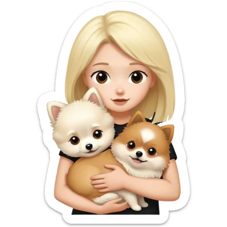 Blond girl and black hair boy hugging white Pomeranian and brown Pomeranian  sticker