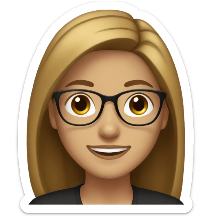 Girl with straight hair brown hair, smiling gold glasses with black blouse and light brown cardigan. sticker