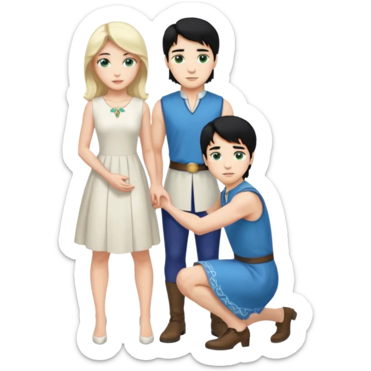 prince, upright, black Hair, blue eyes, garment, and woman, bending knee, sleveless white dress, blonde hair, green eyes, sticker