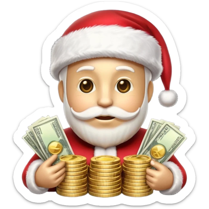 A confident rich emoji face wearing a Santa hat, money stacks, casino vibe, New Year theme, premium 3D emoji style, sharp details, no text, isolated on transparent background sticker