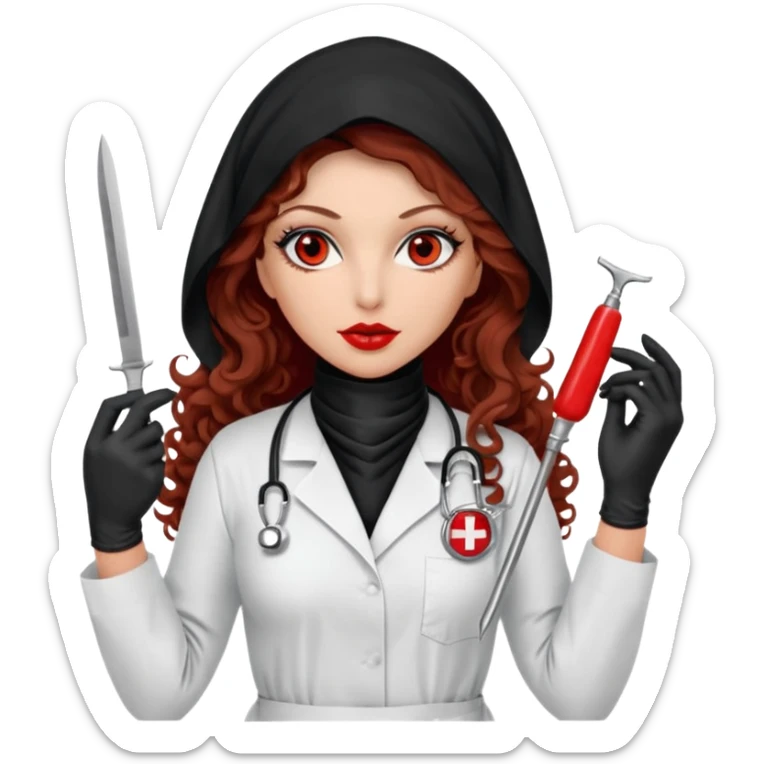 


Scary woman scalpel in hand, evil surgeon sexy surgeon clothes.  She has redcolored  eyes. Her  hair only is free ne brown long curly hair. Wears sexy doctor outfit with red gloves. make her wear full Muslim burka to mask and nose mouth mask  to hide. Wears white surgeon coat, wears  stilettos sticker