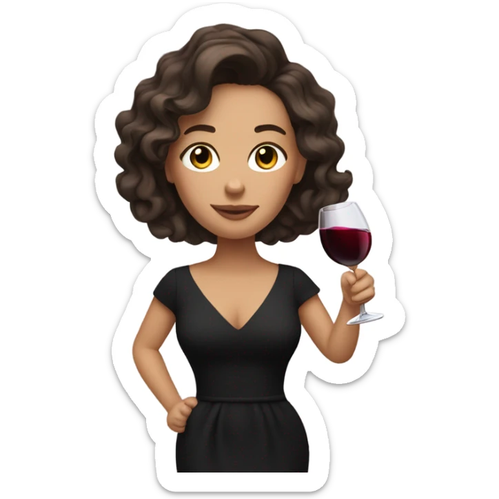 white girl with wavy brunette hair, holding a glass of wine while wearing a black dress sticker