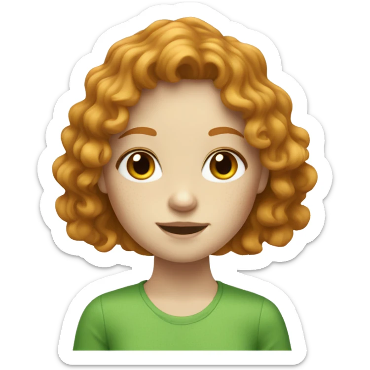 a pale ginger girl with freckles wearing green and has wavy hair and wavy bangs sticker