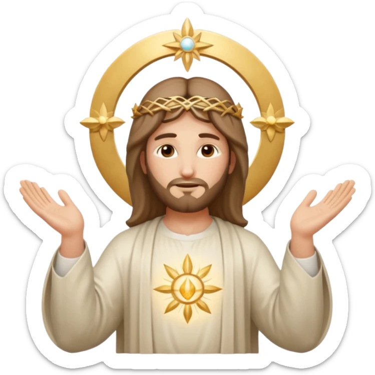 Christ Guardian of Mind, serene radiant figure with gentle halo, hands raised in gesture of protection, surrounded by soft light and subtle symbols of wisdom, iOS emoji style sticker