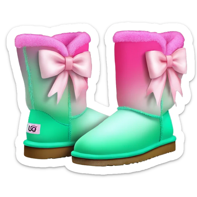 Realistic pair of hot pink to mint green ombre fur Ugg boots with silk ribbon bows. sticker