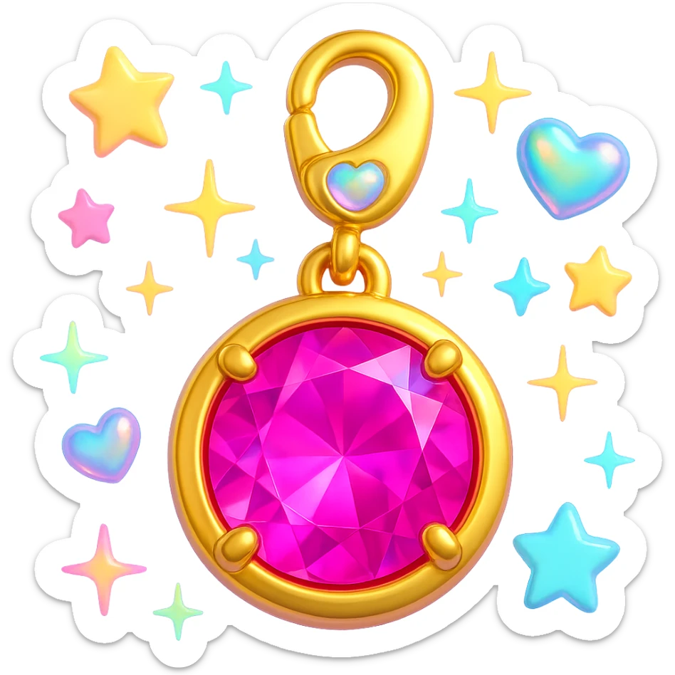 add more Y2K accents: pastel stars, iridescent hearts, and neon sparkles around the elegant round cut pink sapphire holographic charm with gold setting and gold jump ring, extreme close-up, 3D emoji style sticker