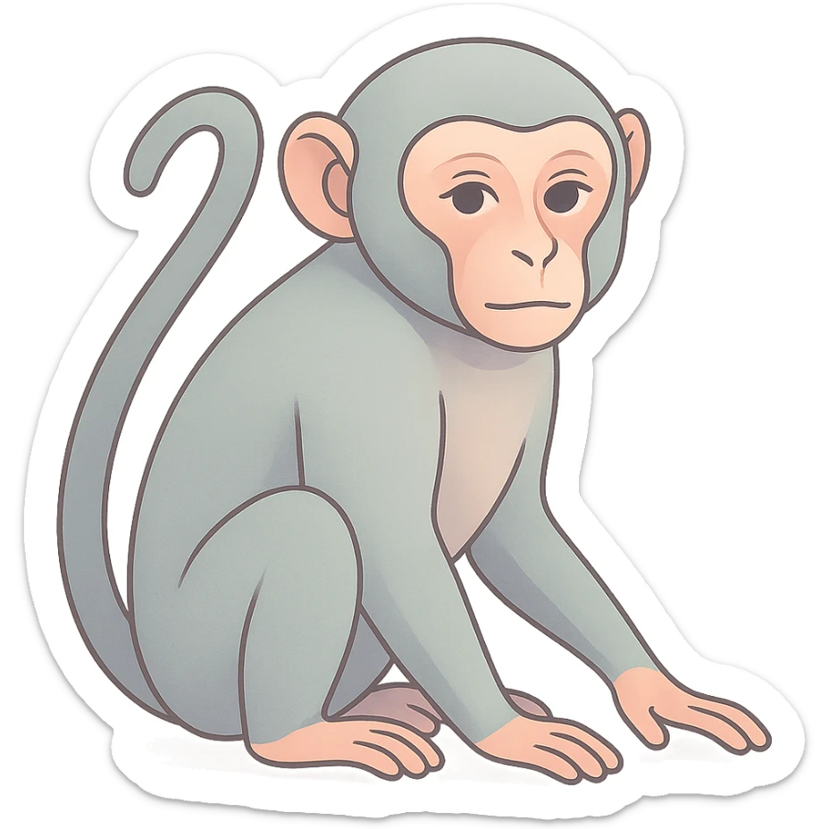 Edit the image to depict a monkey as the symbol of the year in Feng Shui, in a Chinese Eastern style. Use thin, clean contours and soft rounded shapes. Apply a pastel palette with colors #98B5BC, #B5B3C1, #C9A3C9, #E4C0CA, #F7DCD1, #F7C0AA. Include detailed shadows and highlights with soft lighting. Keep the silhouette and appearance as in the reference. Make it less cute and without decorative elements. Transparent background. sticker