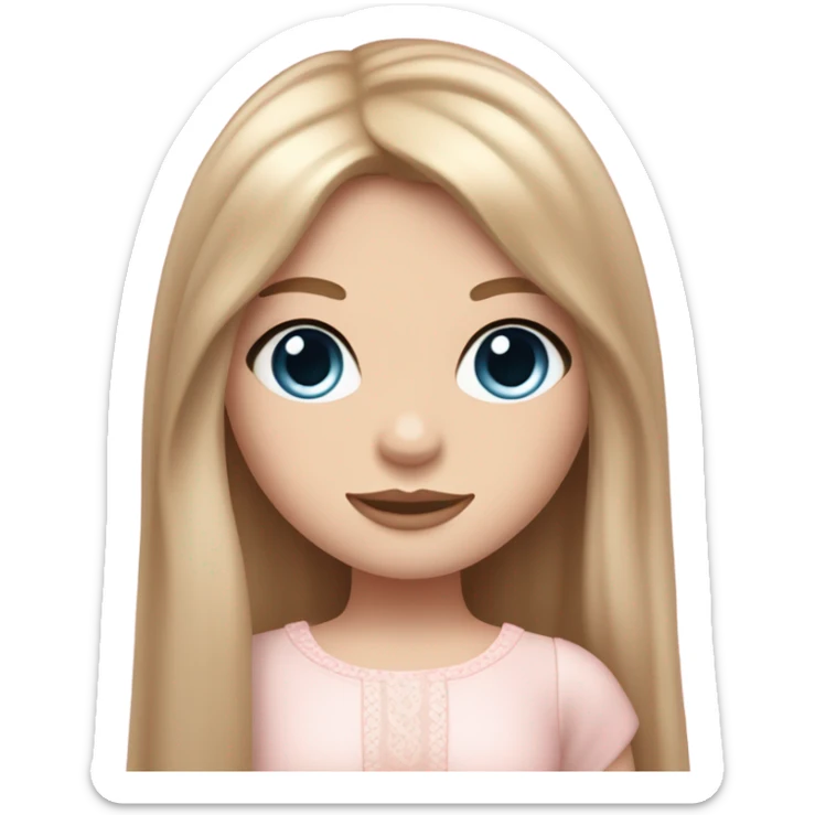 pale girl , who has straight, slightly wavy long brown caramel hair with long curtain  ,blue eyes , and doll like makeup , in a light pink cutesy outfit   sticker