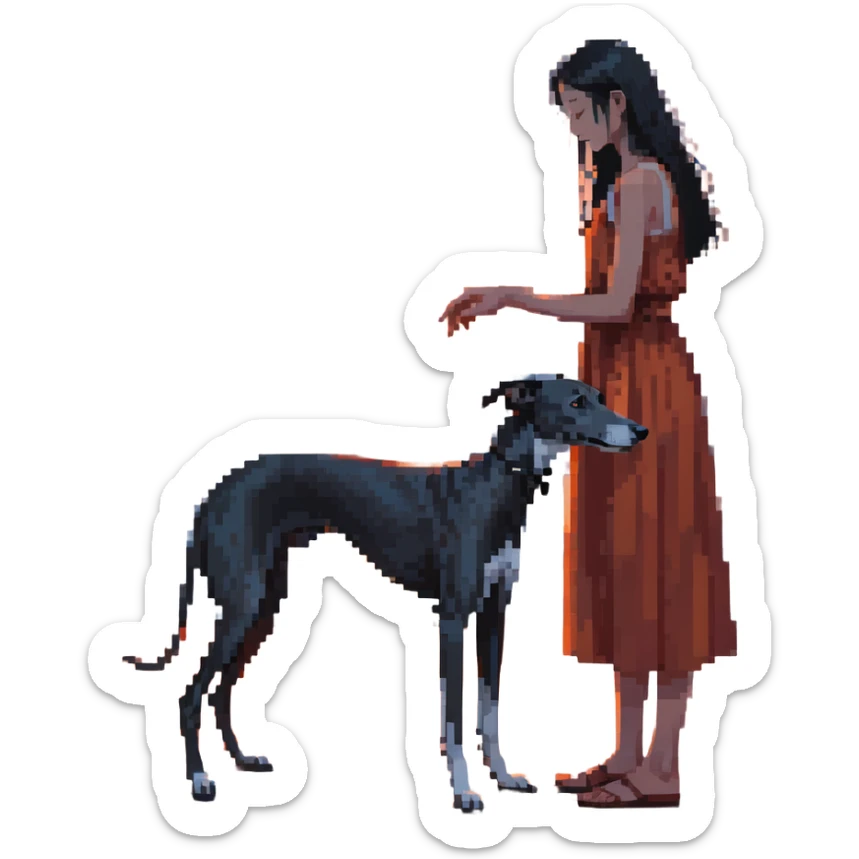A very beautiful and attractive 25-year-old Japanese woman with long flowing black hair gently petting a SOLID DARK GREY whippet on a beach during a beautiful sunset. The woman's hand is lovingly stroking the whippet. The whippet MUST be COMPLETELY SOLID DARK GREY with ABSOLUTELY NO WHITE MARKINGS ANYWHERE - no white chest, no white face, no white paws, no white tip on tail - ENTIRELY ONE SOLID DARK GREY COLOR throughout the entire dog. Orange and red sunset sky over the ocean, sandy beach in the foreground. sticker