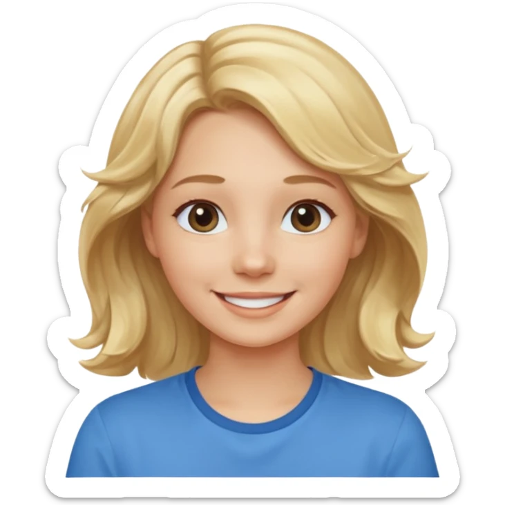 Happy blond girl with light weavy hair with a blue shirt but we can see only her face and neck and the top of the t shirt, no whole body sticker