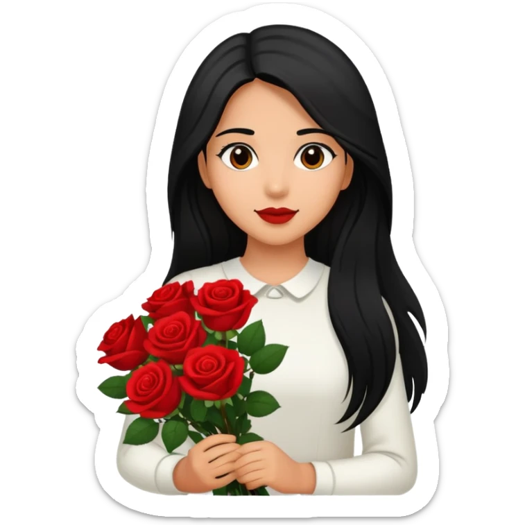 A girl with long black hair holding a bouquet of roses sticker