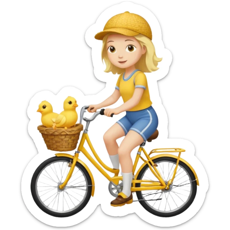 A flat toon cartoon girl riding a bicycle with a basket full of baby chicks, 1:1 square ratio. sticker