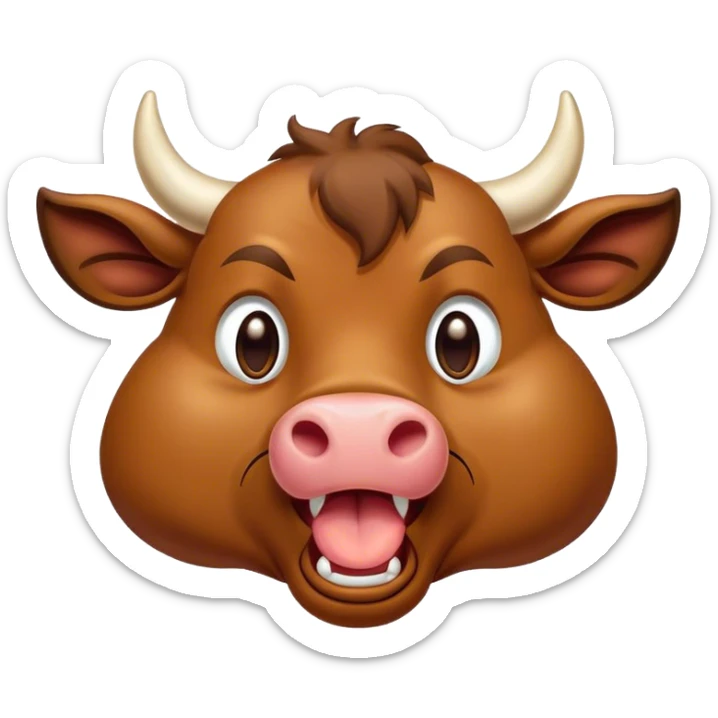Cinematic Cute Yawning Brown Bull Portrait Emoji, Head tilted slightly with a dramatic, wide-open yawn, showcasing a smooth, rich brown hide with a subtle texture, floppy ears slightly drooping, round dark eyes barely open in drowsy contentment, Simplified yet irresistibly adorable features, highly detailed, glowing with a soft, cozy glow, high shine, relaxed yet expressive, stylized with a touch of rugged whimsy, bright and endearing, soft glowing outline, capturing the essence of a sleepy yet affectionate guardian, so drowsy it feels like it could charge right out of the screen and curl up for a nap! sticker