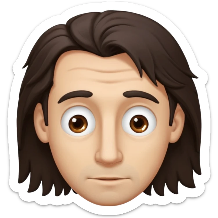 Handsome white man with big brown eyes long nose and dark brown messy hair cover his forhead and hair coming in eyes oval facecut sticker
