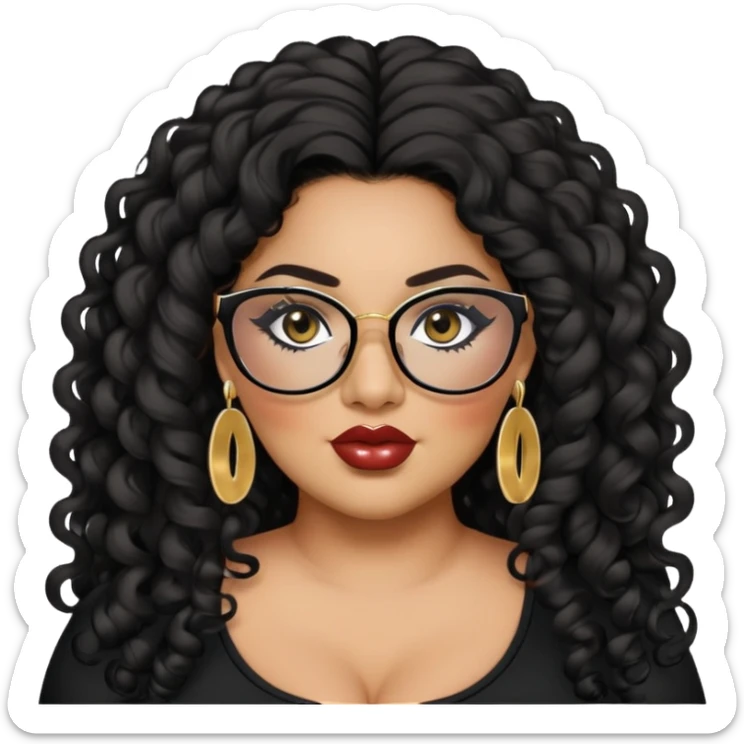 big plus size, latina, darker tan skin, long black curly hair, baddie,pretty, makeup, lipgloss, black eyeliner, long hair, small gold earrings, black top, black glasses sticker