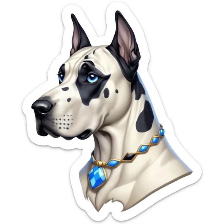 Cinematic Noble Harlequin Great Dane Portrait Emoji, Poised and regal, with a towering, muscular build and a striking coat of predominantly white with bold black patches, deep-set soulful blue eyes, Simplified yet sharp and sophisticated features, highly detailed, glowing with a soft, dignified glow, high shine, intelligent and loyal, stylized with an air of majesty, focused and attentive, soft glowing outline, capturing the essence of a watchful and confident guardian, so majestic it feels as though it could stride out of the screen with effortless authority! sticker