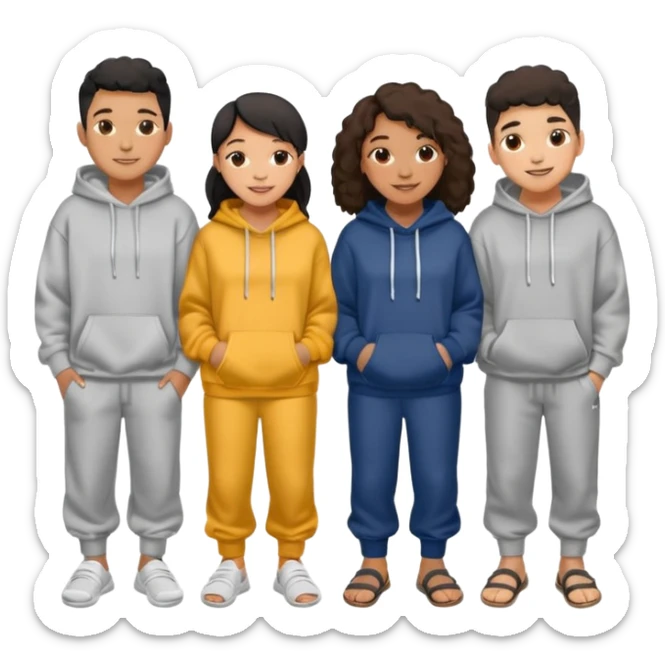 four mixed race friends all wearing oversized hoodies, sweatpants, and slides huddled together  sticker