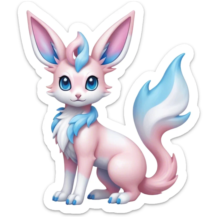 Feral Rare Fantasy cute realistic adorable pastel pink light-blue white iridescent Sylveon-Vernid-Sergal-hybrid by LiLaiRa, markings, tufted ears, full body sticker