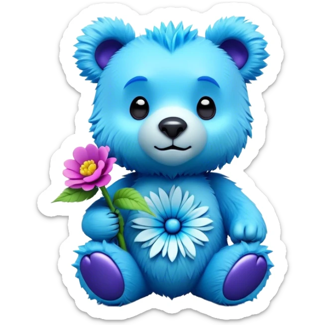 3D, adorable little Pixar style blue neon punk bear with a flower, ultra detailed, each lash, eye, and strand of fur is shown in stunning detail as though captured in a timeless photograph, rich textures, visually rich, so lifelike it feels like it could leap off the page at any moment sticker