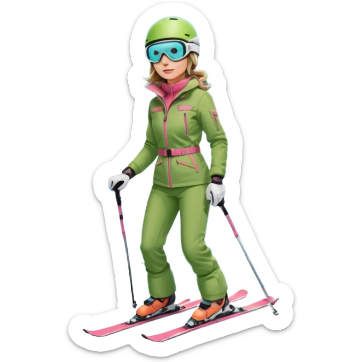 Woman, skiing, White helmet, rosa goggles Green Jacket, green trousers, blue skibackground Matterhorn sticker
