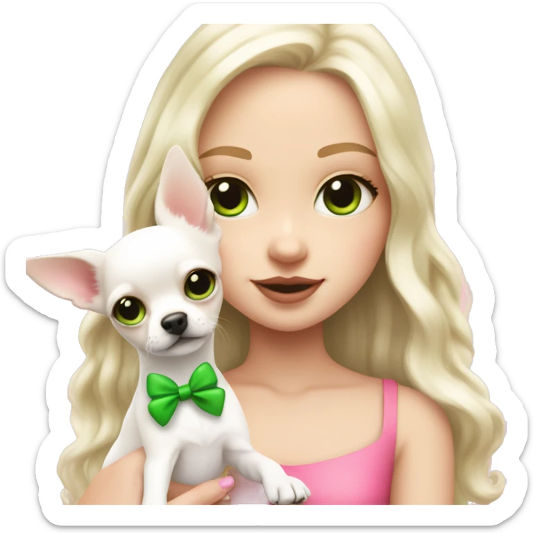 pale blond yt girl with wavy long platinum white hair with bright green eyes holding a white chihuahua puppy that wearing a pink bow sticker