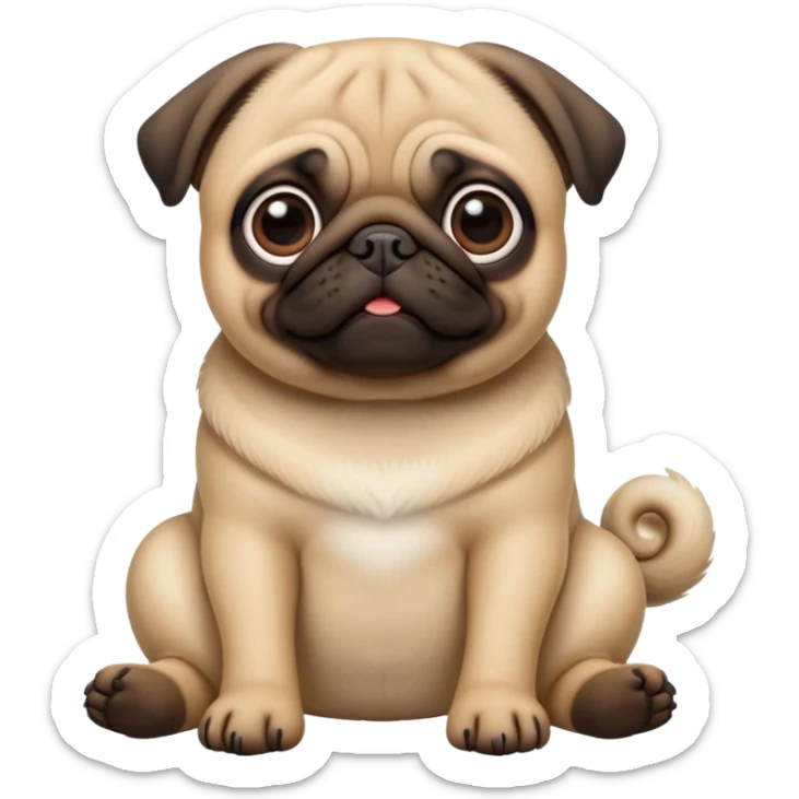 detailed-[pug]-realistic-full-body-sitting-emoji,-tail-resting-loosely-beside-its-paws,-head-tilted-dramatically, -sleek-fur,-simplified-yet-realistic-focused-features,-highly-detailed,-glowing-with-an-almost-sarcastic-glow sticker