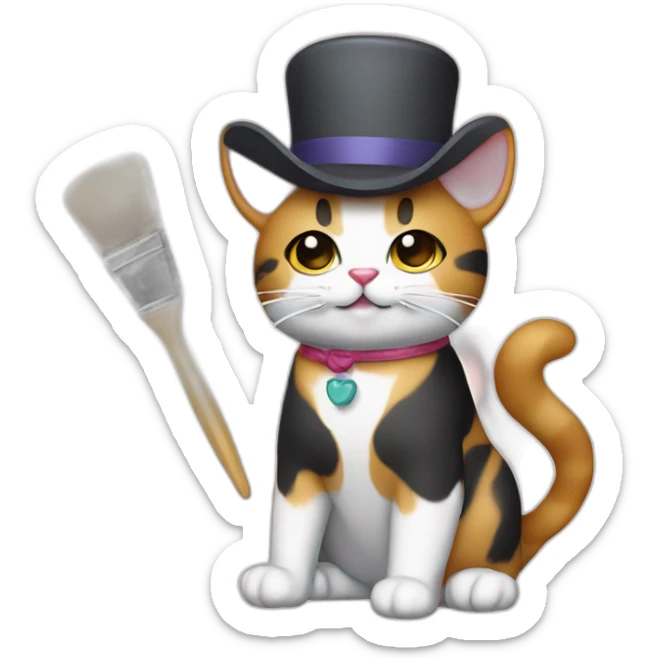 Kawaii cat artist in hat with palette and brush so it can be used as a mouse cursor sticker