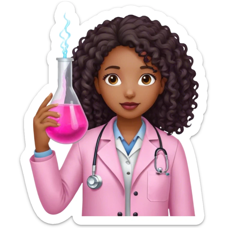 Black girl with long curly hair is a scientist with pink lab coat sticker