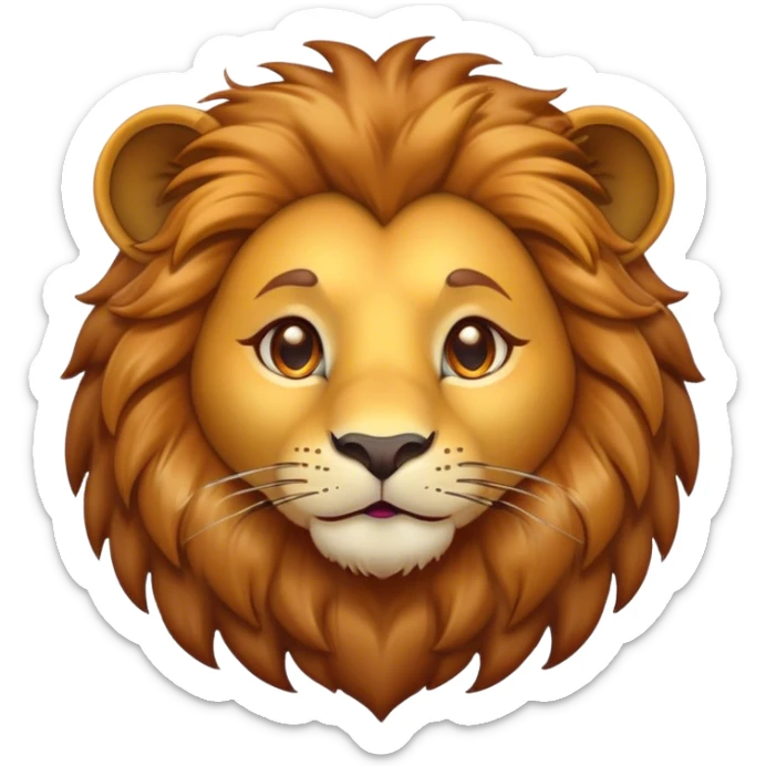 Cinematic Cute Lion Portrait Emoji, Head tilted playfully and inquisitively, featuring a glossy tawny Fur with a lush mane and round, sparkling amber eyes filled with curious mischief, Simplified yet irresistibly adorable features, highly detailed, glowing with a warm, friendly glow, high shine, affectionate and spirited, stylized with a touch of jungle whimsy, bright and endearing, soft glowing outline, capturing the essence of a mischievous yet loving lion, so playful it feels like it could pounce out of the screen and into your arms! sticker
