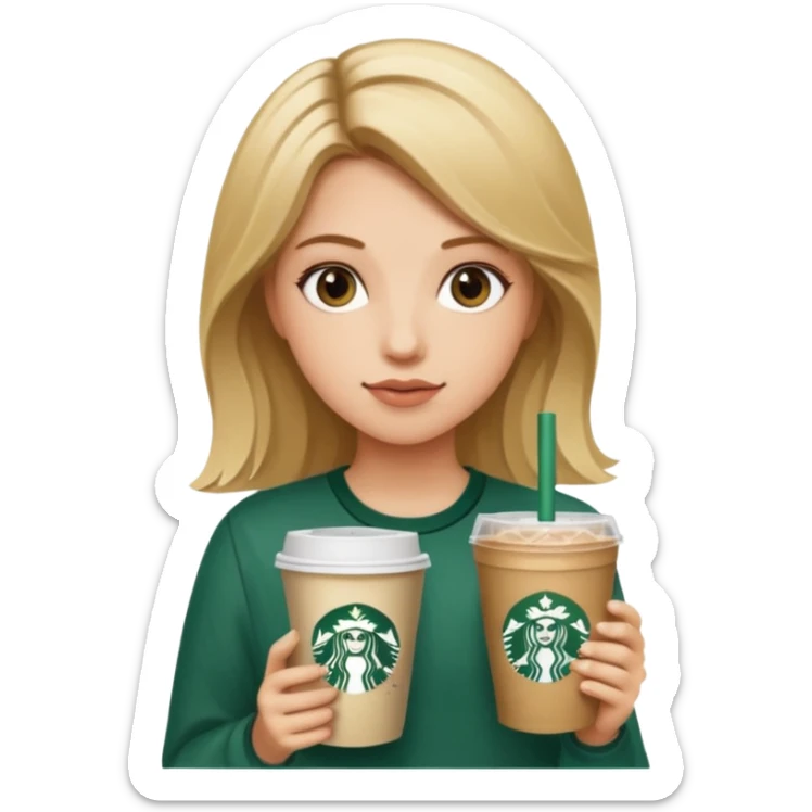 A girl with dirty blonde hair that is holding Starbucks  sticker