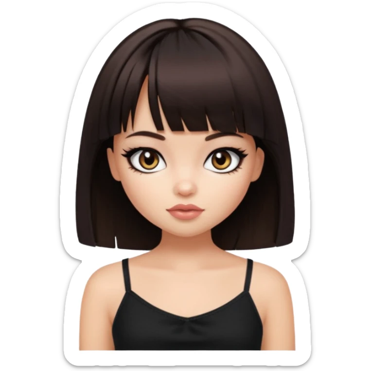 generate a pretty bratz girl in black cami top, dark brown straight bob hair with bangs, eyeliner on, sticker