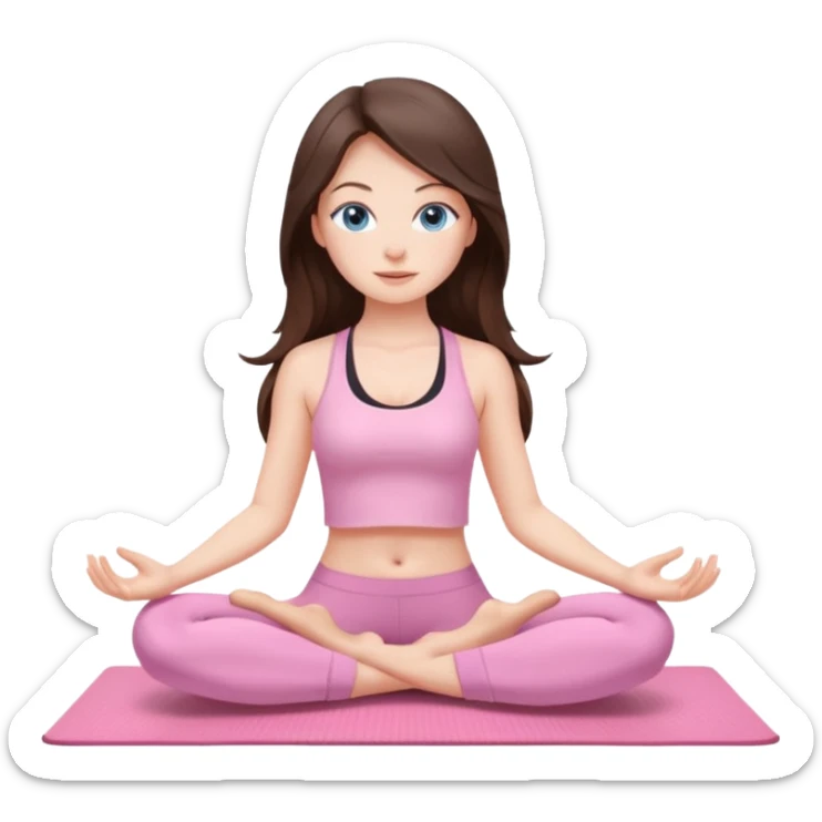 Brunette long hair and blue blue eyes yoga beautiful girl in light pink pink pink clothes sitting on a yoga mat sticker